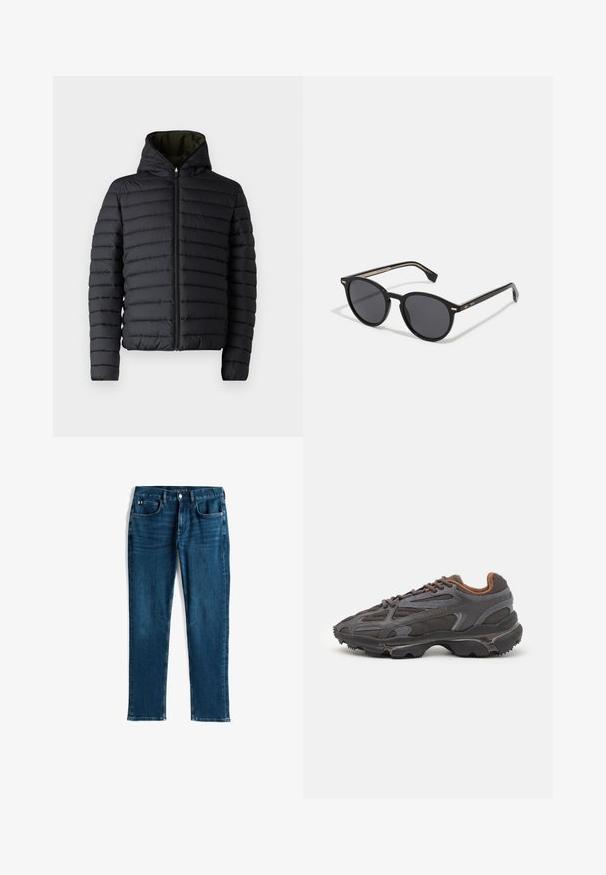 Jachetă puffer neagră cu fermoar frontal și glugă. Prezintă panouri quilted orizontale și un interior verde în contrast. Textură netedă.; Tricou negru cu mânecă lungă, realizat din bumbac, cu un guler rotund și un mic logo brodat cu un crocodil verde pe partea stângă a pieptului.; Jeans din denim albastru închis, design drept, stil cu cinci buzunare, cu ușoare semne de uzură și cusături în contrast, închidere cu buton metalic și fermoar.; Adidași Lacoste de culoare gri închis, din material mesh și sintetic, cu o talpă texturată și accente maronii pe guler și branding.; BOSS Ochelari de soare - black