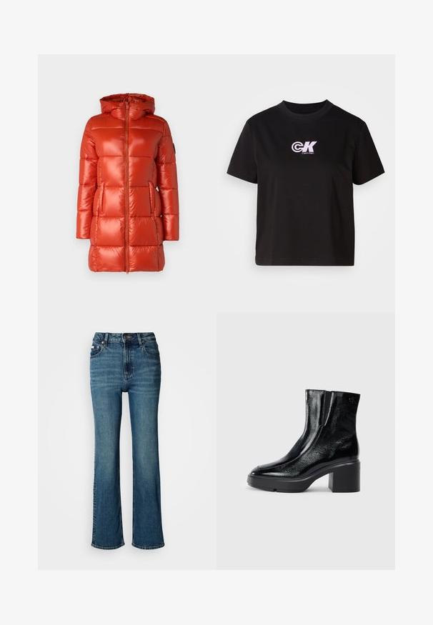 Veste doudoune rouge avec une finition brillante, capuche, fermeture éclair à l'avant et poches latérales. Design matelassé avec des panneaux régulièrement espacés.; T-shirt en coton noir avec encolure ronde et manches courtes. Présente un logo "CK" blanc et rose sur le coin supérieur gauche de la poitrine.; Jean bleu taille haute en denim, avec une coupe droite, un léger délavé et une fermeture standard par bouton et zip.; Bottines en cuir verni noir avec un bout arrondi, des panneaux latéraux en élastique et un talon épais. Comprend un logo embossé à l'arrière.