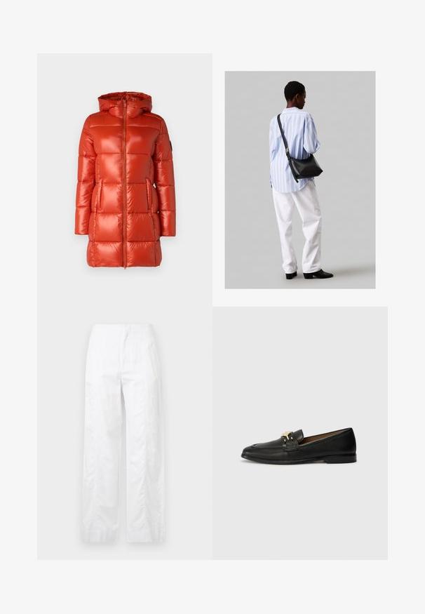 Red puffer jacket with a shiny finish, hood, front zipper, and side pockets. Quilted design with evenly spaced panels.; Black cotton t-shirt with short sleeves, crew neck, and small white "Calvin Klein" logo at the chest. Smooth texture, classic fit.; White wide-leg trousers made of lightweight fabric, featuring a smooth texture, clean lines, and a high waist design.; Black leather loafers featuring a gold accent buckle, rounded toe, stitched detailing, and a flat sole for easy wear.; Black leather shoulder bag with a soft texture, triangular shape, and adjustable strap, paired with a light blue striped shirt and white pants.