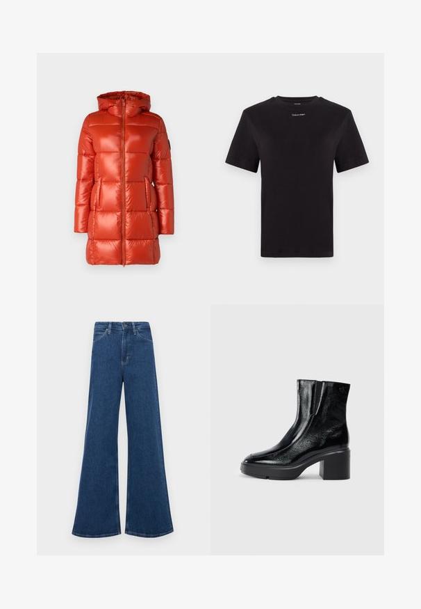 Czerwona kurtka puchowa o błyszczącej powierzchni, z kapturem, zamek błyskawiczny z przodu i kieszeniami bocznymi. Pikowany wzór z równomiernie rozmieszczonymi panelami.; Czarny t-shirt bawełniany z krótkimi rękawami, okrągłym dekoltem i małym białym logo "Calvin Klein" na piersi. Gładka struktura, klasyczny krój.; Niebieskie dżinsy z rozszerzanymi nogawkami i wysokim stanem, z pięcioma kieszeniami, zapięciem na guzik i kontrastowym przeszyciem na szwach.; Czarne lakierowane botki za kostkę z zaokrąglonym noskiem, elastycznymi panelami bocznymi i masywnym obcasem blokowym. Posiadają wytłoczone logo z tyłu.