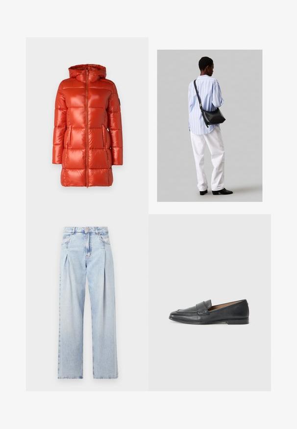 Red puffer jacket with a shiny finish, hood, front zipper, and side pockets. Quilted design with evenly spaced panels.; Black cotton t-shirt with short sleeves, crew neck, and small white "Calvin Klein" logo at the chest. Smooth texture, classic fit.; Light blue denim jeans with a high waist, wide-leg cut, two side pockets, and pleated design feature. Soft texture with a faded finish.; Black leather loafers featuring a smooth texture, a slight shine, a rounded toe, and a small decorative stitch along the front.; Black leather shoulder bag with a soft texture, triangular shape, and adjustable strap, paired with a light blue striped shirt and white pants.