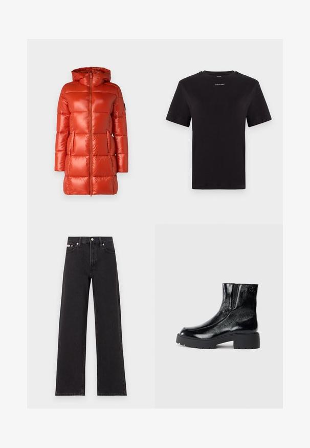 Giacca puffa rossa con finitura lucida, cappuccio, zip frontale e tasche laterali. Design trapuntato con pannelli equidistanti.; T-shirt in cotone nero con maniche corte, colletto a girocollo e piccolo logo bianco "Calvin Klein" sul petto. Texture liscia, vestibilità classica.; Jeans neri a gamba larga in denim, con vita alta, styling a cinque tasche e chiusura con bottone metallico e cuciture a contrasto.; Stivali neri alla caviglia con una finitura in pelle laccata lucida, suola in gomma nera spessa e tacco rialzato; include un discreto dettaglio del logo sul lato.