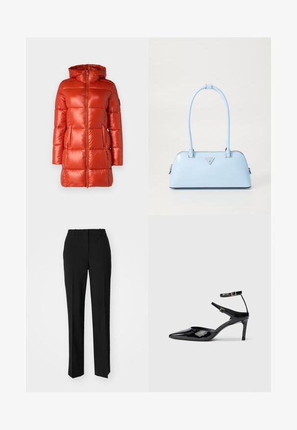 Chaqueta acolchada roja con un acabado brillante, capucha, cremallera frontal y bolsillos laterales. Diseño acolchado con paneles distribuidos uniformemente.; Camiseta de algodón negra con cuello redondo, mangas cortas y un logo bordado en el pecho. Ajuste simple y relajado sin patrones.; Pantalones negros ajustados con un diseño de pierna recta, que presentan una textura suave y pliegues nítidos en el frente. Sin herrajes visibles.; Tacones de charol negros con puntera puntiaguda, correas ajustables en el tobillo y un tacón delgado. Textura suave con un acabado brillante.; Bolso de mano azul claro con una forma estructurada, material de piel suave, dos asas y un logo de marca triangular en la parte delantera. Cierre con cremallera.