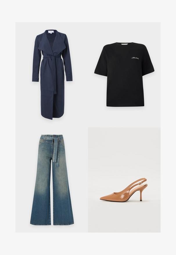 Mörkblå långärmad inslagklänning med krage, bälte i midjan och sidofickor. Slät tyg med öppen front och lätt utsvängd nederkant.; Svart bomullströja med korta ärmar och rundad halsringning. Har vit broderad text på vänster bröstparti. Slät struktur.; Breda denimbyxor med en ljus till mörkblå gradient, hög midja, bälteshällor och ett matchande tygbälte. Texturerad denimfinish.; Tåspets slingback-häl i ett slätt, glansigt brunt material. Har en kurvad utskärning och en smal stilettklack. Silverdetalj med spänne.