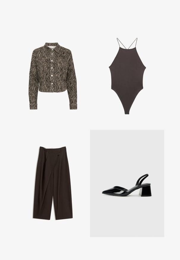 Kaffe LEONDRA - Denim jacket - feather gray black animal; Brown, high-neck one-piece swimsuit with thin, adjustable straps; features a high-cut leg and smooth texture. No patterns or embellishments.; Dark brown wide-leg trousers with a high waist, featuring a single button closure and a pleated front. Made from lightweight fabric.; Black patent leather slingback heels with a pointed toe and a geometric block heel. Features a sleek, minimal design and smooth texture.