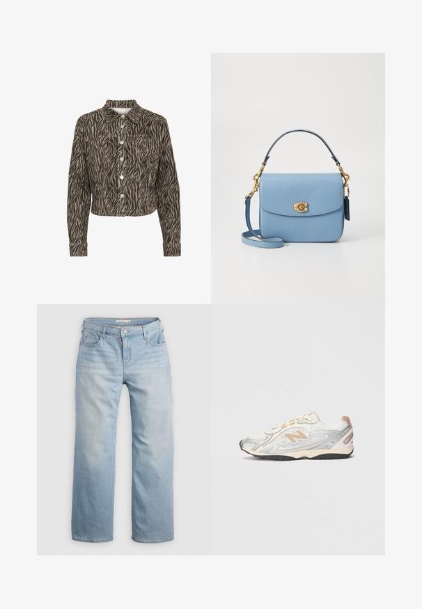 Kaffe LEONDRA - Traper jakna - feather gray black animal; Bijela majica s kratkim rukavima, okrugli izrez, izrađena od mekog, glatkog pamučnog materijala, sa ravnim rubom i minimalnim detaljima. Jednostavan i svestran dizajn.; Svijetloplave široke traperice izrađene od denima. Imaju visok struk, pet džepova i kontrastne šavove. Glatka tekstura s izblijedjelim završetkom.; Sportske tenisice u svijetlo sivoj boji s srebrnim akcentima, gornji dio od mrežaste tkanine, bež detalji i crna gumena potplata. Imaju vezice i podstavljeni ovratnik.; COACH CASSIE CROSSBODY BAG - Ručna torba - blue