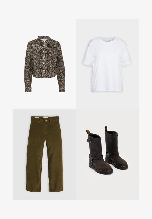 Kaffe LEONDRA - Cowboyjakker - feather gray black animal; Hvid kortærmet t-shirt med rund hals, lavet af blødt og glat bomuldsstof, med en lige kant og minimal detaljering. Enkel og alsidig design.; Oliven grøn corduroy bukser med lige ben design, der har forlommer og knaplukning, med en vertikal ribbet tekstur.; Mørkebrune læderstøvler med en midt-lægre design, gule syninger, justerbare spænder og trækflapper på toppen. Struktureret finish.