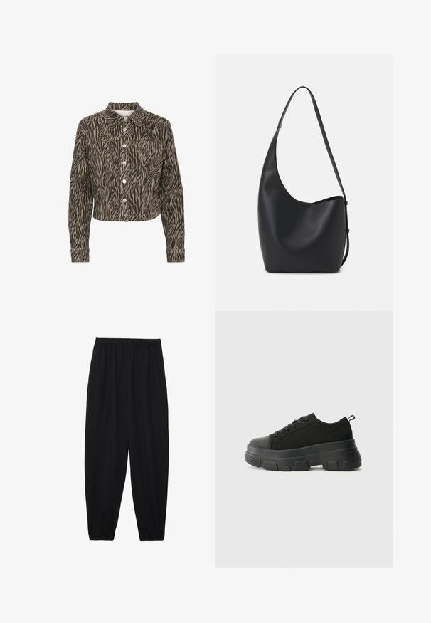 Kaffe LEONDRA - Jakna iz džinsa - feather gray black animal; Črna majica iz bombaža s kratkimi rokavi, ki pokriva belo dolgi rokav z subtilnim teksturiranim vzorcem. Oblika izrezanega vratu.; Črne, lahke hlače z elastičnim pasom in nabranimi gležnji. Tkanina je gladka in ima sproščen, taperiran dizajn.; Črne teniske z debelim gumijastim podplatom, zgornji del iz teksturirane tkanine, okrogla punta in zavezovanje z vrvicami. Vključujejo ojačane luknje za vrvice in zanko na hrbtu.; Črna usnjena hobo torba z gladko teksturo, ukrivljeno obliko in eno nastavljivo naramnico; ima širok odprtina na vrhu.