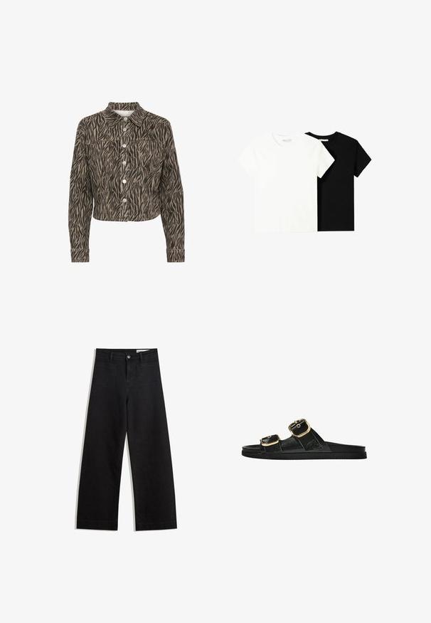 Kaffe LEONDRA - Farmerdzseki - feather gray   black animal; Két rövid ujjú póló, az egyik fehér, a másik fekete, pamutból készült. Mindkettő kerek nyakkivágással és egyszerű, klasszikus dizájnnal rendelkezik.; Fekete, bő szabású farmernadrág magas derékkal, elülső és hátsó zsebekkel, varrott felületekkel és gombos záródással. Sima textúra.; Fekete csúszó szandál, két arany csattal, sima textúrájú anyagból, lapos talppal és minimalista dizájnnal.