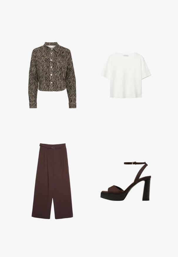 Kaffe LEONDRA - Jeansjacka - feather gray   black animal; Vit t-shirt med kort ärm i bomull. Har en rundad halsringning och en avslappnad passform. Slät textur utan synliga mönster eller detaljer.; Stradivarius WIDE-LEG WITH BUCKLE DETAIL  - Tygbyxor - dark brown; Bruna mocka högklackade sandaler med öppen tå, justerbar vristrem och en randig plattformssula.