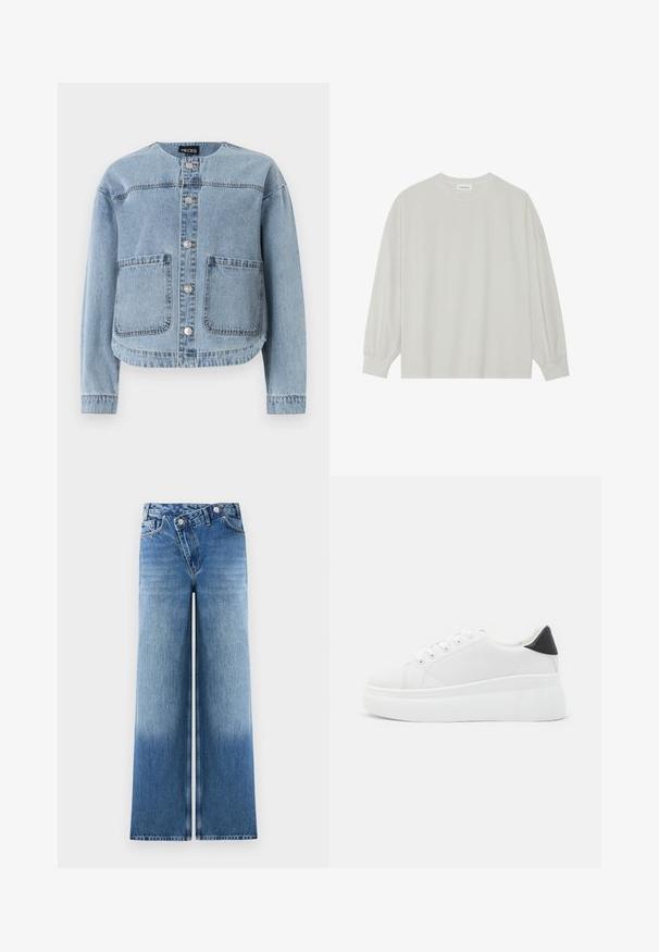 Ανοιχτό μπλε τζιν μπουφάν με μακριά μανίκια, στρογγυλή λαιμόκοψη, κλείσιμο με κουμπιά και δύο μπροστινές τσέπες. Διαθέτει εμφανή ραφή και κοντό τελείωμα.; Ανοιχτό γκρι μακρυμάνικη μπλούζα φτιαγμένη από μαλακό βαμβάκι. Έχει χαλαρή εφαρμογή, στρογγυλή λαιμόκοψη και ελαφρώς συγκεντρωμένα μανίκια. Χωρίς σχέδια ή γραφικά.; Ανοιχτό μπλε παντελόνια καμπάνα με ξεθωριασμένο φινίρισμα, διαθέτουν κλασικό σχέδιο πέντε τσεπών και μεταλλικά κουμπιά στη μέση.; Λευκά πλατφόρμα αθλητικά παπούτσια κατασκευασμένα από λείο συνθετικό υλικό, με στρογγυλή μύτη, σχέδιο με κορδόνια και υφασμένη καουτσούκ σόλα. Μαύρη έγχρωμη λεπτομέρεια στη φτέρνα.