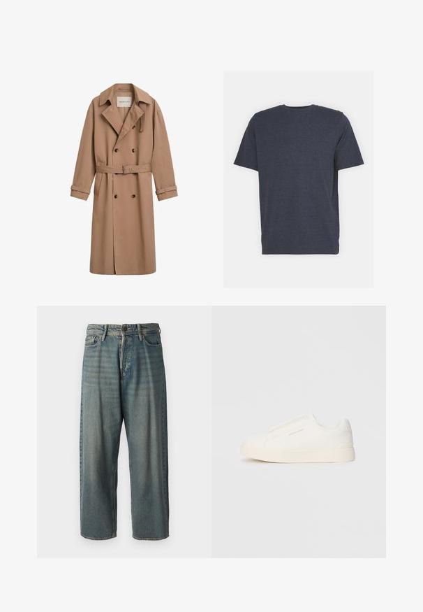 Trench-coat brun clair avec une conception croisée, large col et taille ceinturée. Fabriqué en tissu lisse avec des accents de boutons.; T-shirt bleu marine à col rond en tissu de coton mélangé doux, avec des manches courtes et une coupe régulière. Pas de motifs ni d'accents visibles.; Jeans en denim bleu clair avec une coupe ample, taille mi-haute et jambes droites. Comprend cinq poches, des passants de ceinture et une fermeture à bouton.; Baskets blanches sans lacets avec une surface texturée, une semelle épaisse et un design minimaliste. Présente le logo de la marque sur le côté.