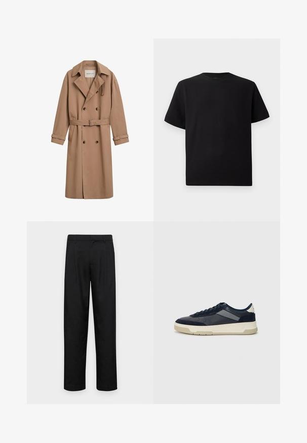 Lysebrune trenchcoat med dobbeltsyet design, bred krave og bælte i taljen. Fremstillet af et glat stof med knapdetaljer.; Sort kortærmet T-shirt lavet af tekstureret stof, med rund halsudskæring og en afslappet pasform. Enkel, uden mønstre eller accenter.; Sorte bukser lavet af glat stof, med et lige ben-design, to frontfolder og en standard talje med bæltestropper.; BOSS BALTIMORE - Sneakers - open blue