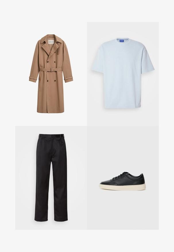 Svetlohnedý trenčkot s dvojitým zapínaním, širokým golierom a pásom v páse. Vyrobený z hladkej tkaniny s gombíkovými detailmi.; Svetlomodré rebrované tričko s okrúhlym výstrihom a krátkymi rukávmi. Má klasický strih a diskrétny logo akcent na leme.; Čierne nohavice vyrobené z hladkej látky, s predným zapínaním na gombík, s plisovaním a rovnými nohavicami. Žiadne viditeľné vzory ani akcenty.; Čierne nízkoprevádzkové kožené tenisky s čiernymi šnúrkami a krémovou podrážkou zobrazené v bočnom profile na bielom pozadí.