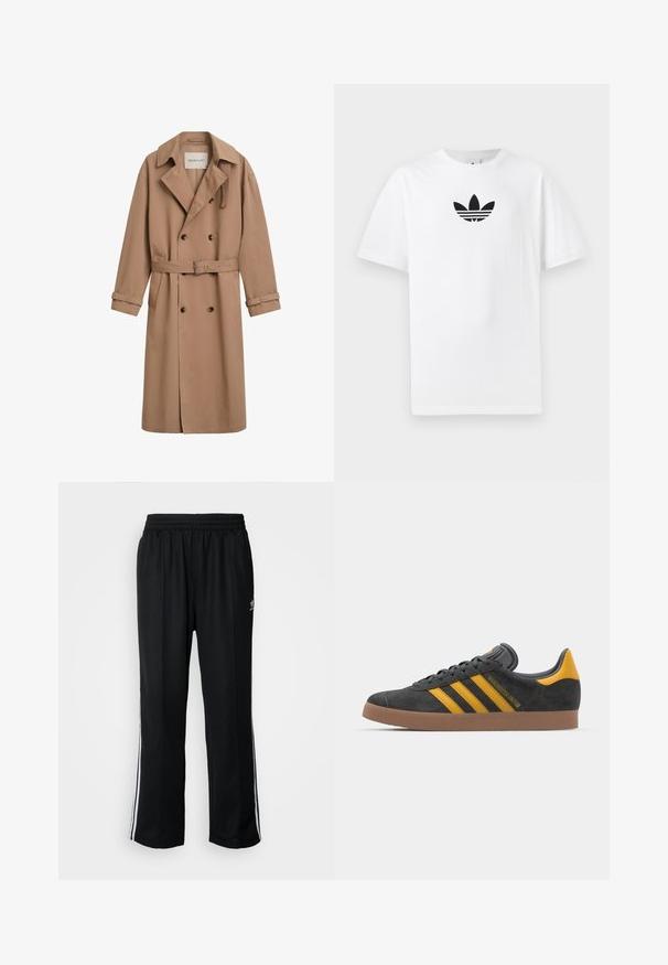 Helepruun trench coat, millel on topeltkinnitatud disain, lai krae ja vööga vöökoht. Valmistatud siledast kangast, millel on nööpkaunistused.; Valge puuvillane T-särk, millel on must Adidas logo keskel. Lühikesed varrukad ja ümmargune kaelus. Sile tekstuur.; Mustad mustad spordipüksid elastse vöökohaga, millel on valged küljeread ja väike logo. Materjal tundub pehme ja kerge.; Mustad sametist spordijalatsid kollaste aktsentidega, millel on kolm triipu ja pruun kummitald. Mugavuse tagamiseks on neil pehmendatud keele osa.