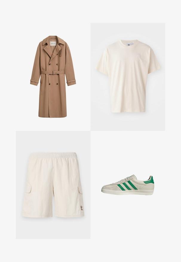 Helle braune Trenchcoat mit doppelter Knopfleiste, breitem Kragen und tailliertem Gürtel. Hergestellt aus glattem Stoff mit Knopfakzenten.; Cremfarbene Baumwoll-T-Shirt mit rundem Halsauschnitt und kurzen Ärmeln; verfügt über ein kleines, helles Logo auf der Brust.; Beige Cargo-Shorts mit elastischem Bund, zwei Seitentaschen und einem kleinen Logo auf der unteren rechten Seite. Glattes, leichtes Material.; Beige Sneaker mit grünen Streifen, ausgestattet mit einer weißen Sohle und einem Obermaterial aus glattem Leder. Seitenansicht, die die Schnürdetails und das Logo hervorhebt.