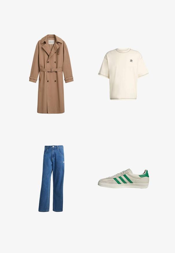 Trench coat marrone chiaro con design doppiopetto, ampio colletto e vita regolabile con cintura. Realizzato in un tessuto liscio con dettagli a bottone.; T-shirt oversize color crema realizzato in cotone, con maniche corte, colletto rotondo e logo Adidas nero sul petto sinistro.; Jeans di denim a vita alta e gamba larga blu, con tasche frontali, passanti per cintura, chiusura a bottone e piccolo logo Adidas sulla coscia destra.; Sneaker beige con strisce verdi, con suola bianca e tomaia in pelle liscia. Vista laterale che evidenzia i dettagli dei lacci e il logo.