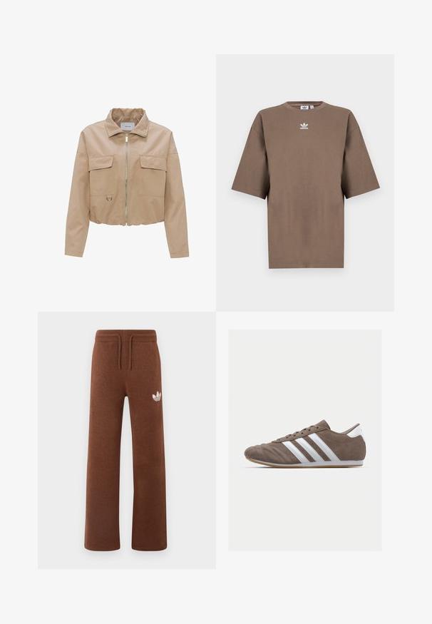 Beige Jacke im Cropped-Stil mit Stehkragen, vorderem Reißverschluss, zwei Brusttaschen und abgerundetem Saum. Glattes Material mit matter Oberfläche.; Braunes Baumwoll-T-Shirt mit kurzen Ärmeln, Rundhals und weißem Adidas-Logo, das zentral auf der Brust platziert ist. Das Design ist schlicht und der Schnitt ist locker.; Braune Sweatpants aus weichem Stoff mit lockerem Schnitt, ausgestattet mit einem elastischen Bund, einem Kordelzug und einem weißen Logo am linken Oberschenkel.; Braune Wildleder-Sportschuhe mit weißen Streifen, runder Zehenform, Schnürdesign und Gummisohle. Strukturiertes Obermaterial mit Nahtdetails.