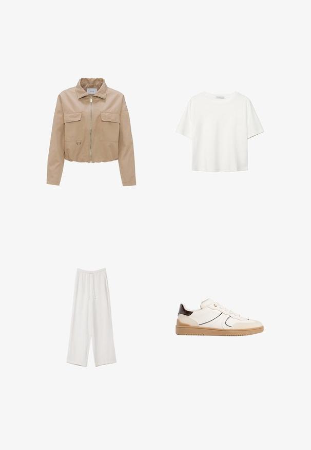 Giacca beige tagliata con colletto stand, zip frontale, due tasche sul petto e orlo arrotondato. Tessuto liscio con finitura opaca.; T-shirt bianco a maniche corte realizzato in cotone. Presenta un collo tondo e una vestibilità rilassata. Texture liscia senza motivi o dettagli visibili.; Pantaloni a gamba larga bianchi realizzati in un tessuto leggero. Presentano una vita elastica con cordoncino e tasche laterali. Texture liscia.; Stradivarius Sneakers basse - white