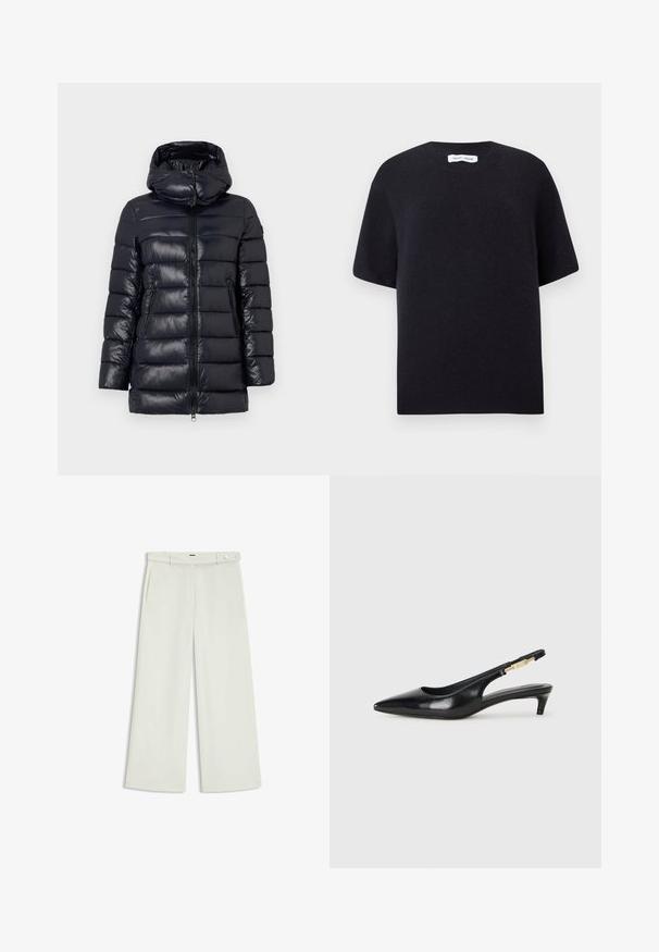 Navy puffer jacket with a glossy finish, zigzag quilted texture, detachable hood, two side pockets, and a front zipper.; Black knitted short-sleeve sweater with a round neckline and ribbed hem. Smooth texture with a relaxed fit. Minimalist design.; Wide-leg pants in light cream fabric, featuring side pockets, a flat front, and a single button closure at the waist. Smooth texture.; Black leather slingback heels with a pointed toe, featuring a slim heel and a gold-tone accent on the adjustable strap. Smooth texture.