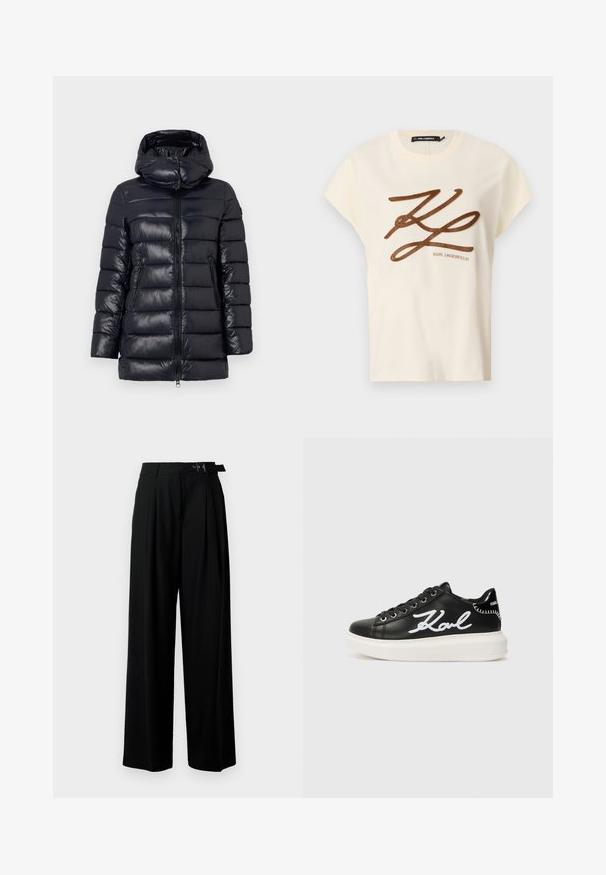 Jachetă puffer marină, cu finisaj lucios, textură matlasată în formă de zigzag, glugă detasabilă, două buzunare laterale și fermoar frontal.; Tricou din bumbac de culoare crem, cu mâneci scurte, având un logo brodat din cărbune și un design cu scris pe față.; Pantaloni negri cu croi larg, talie înaltă, pliuri în față și un b μέρος cu cataramă. Confecționați dintr-un material neted și ușor.; Adidași negri din piele cu detaliu brodat alb "Karl", vârf rotund, design cu șireturi și o talpă groasă albă cu accente texturate.
