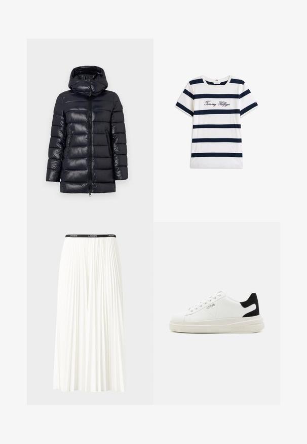 Mornarska puf jakna s sjajnom završnom obradom, zigzag prešanim uzorkom, odvojivim kapuljačom, dvama bočnim džepovima i prednjim zatvaračem.; Pamučna majica s horizontalnim tamnoplave pruge na bijeloj pozadini. "Tommy Hilfiger" izvezeno kurzivom na prsima. Okrugli izrez.; Nabrana bijela suknja s crnim elastičnim pojasom na kojem se nalazi logo "LACOSTE". Srednje dugačak dizajn s mekim teksturom.; Bijele kožne tenisice s debelim bijelim potplatom, crnim zamšastim akcentom na peti i ugraviranim logom sa strane. Dizajn s vezicama i šest rupa za vezivanje.