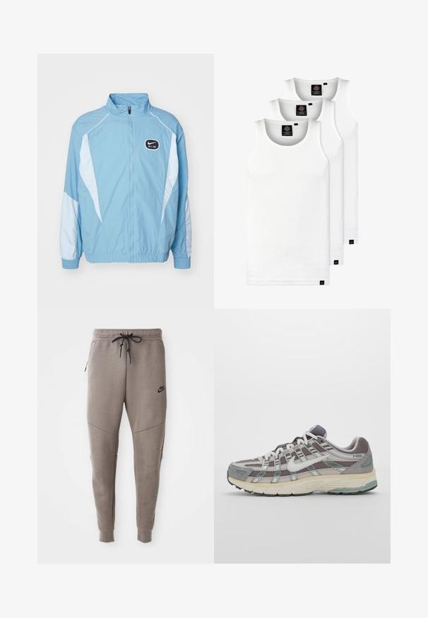 Ljusblå Nike Air träningsoveralljacka med vita paneler, hel dragkedja fram, hög krage och elastiska manschetter och nederkant.; Tre vita ribbade linnen i bomull. Har rund halsringning och små svarta etiketter vid fållen. Finns i flera storlekar.; Grå Nike sweatpants med dragsko i midjan, avsmalnande ben, sidofickor och tydlig sömdekoration. Mjuk, strukturerad tyg.; Grå atletiska sko med en överdel av mesh och mocka, vita accenter, en vadderad sula och en unik design med reflekterande element.