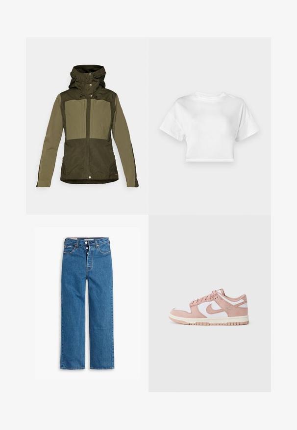 Olivgrüne Jacke mit strukturiertem Design, ausgestattet mit einer doppelten Kapuze, Druckknöpfen und zwei großen Brusttaschen. Glatte Textur.; Weißes, kurzes T-Shirt aus Baumwolle. Kurze Ärmel, runder Ausschnitt, glatte Textur, lässiges Design ohne Muster oder Verzierungen.; Blaue Denim-Jeans mit geradem Bein, hoher Taille, fünf Taschen und Knopfverschluss. Auffällige Nähte und Nieten in Kupferfarbe.; Der Sneaker verfügt über ein weiches Obermaterial aus pinkem Wildleder, weiße Leder-Applikationen und eine strukturierte Gummisohle. Auffälliges Swoosh-Logo an den Seiten und ein geschnürtes Design.