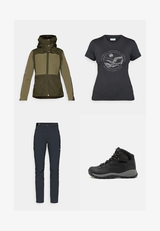 Olíva zöld kabát, strukturált dizájnnal, dupla rétegű kapucnival, patentgombokkal és két nagy mellzsebbel. Simaság jellemzi.; Fekete Columbia póló fehér, kör alakú hegy és folyó vonalrajzzal, valamint a "Columbia Sportswear Company Outside Since 1938" felirattal.; Férfi kültéri nadrág, sötétszürke, rugalmas anyagból készült, övvel, cipzáros zsebekkel és megerősített varratokkal.; Fekete túracipő közepes magasságú kialakítással, texturált felsőrésszel, szürke részletekkel és strapabíró gumitalppal, amelynek tapadós kiemelkedései vannak.