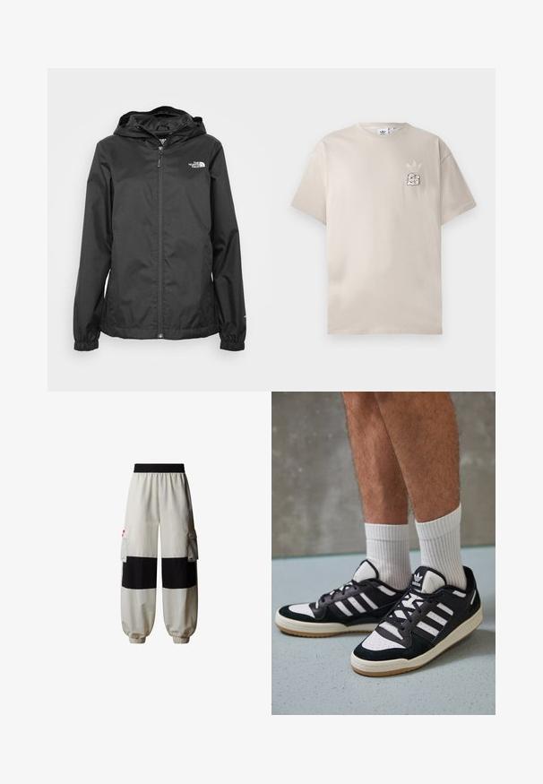 Chaqueta negra impermeable con cierre delantero, puños elásticos y capucha. Presenta un pequeño logotipo blanco en la parte superior izquierda del pecho.; Camiseta de algodón beige con cuello redondo, mangas cortas y un sutil logo gráfico en el lado izquierdo del pecho. Textura suave, diseño simple.; The North Face HIMALAYAN - Pantalones cargo - white dune tnf black; Zapatillas en blanco y negro con parte superior de ante y cuero, que presentan tres franjas blancas, una puntera perforada y una suela de goma.