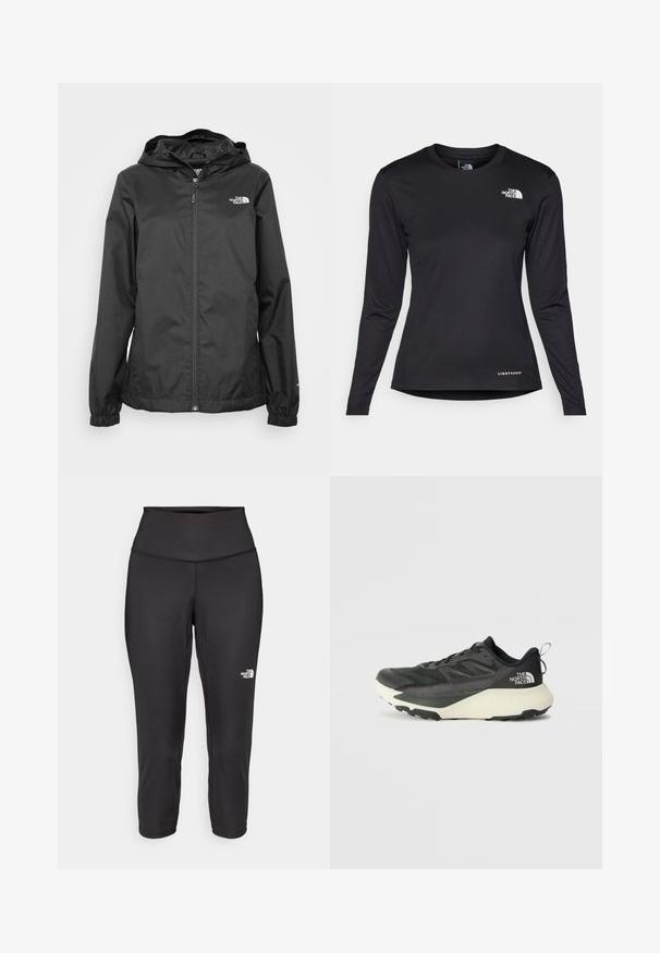 Čierna nepremokavá bunda so zipsom vpredu, elastickými manžetami a kapucňou. Obsahuje malé biele logo na hornej ľavej strane hrudníka.; The North Face SHADOW LONG SLEEVE - Top s dlhým rukávom - black; Čierne capri legíny vyrobené z elastickej tkaniny, s vysokým pásom a malým bielym logom na ľavej strane. Hladká textúra.; Čierna atletická obuv s textúrovaným vrchom, s šedými akcentmi a bielou medzipodrážkou. Obsahuje pútko a výrazné logo značky na päte.