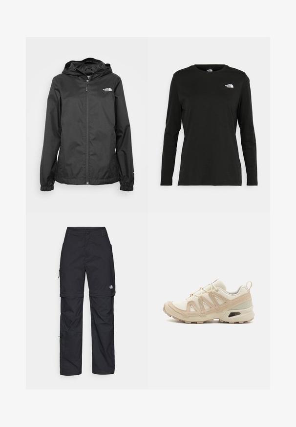 Black waterproof jacket with a zip front, elastic cuffs, and a hood. Features a small white logo on the upper left chest area.; Black long-sleeve t-shirt made of cotton with a round neck. Features a small white logo on the left chest area. Simple design and fit.; Black nylon zip-off cargo trousers with adjustable cuffs, multiple pockets, and a logo on the right leg. Smooth, lightweight texture.; Beige and cream athletic shoe with textured mesh upper, supportive overlays, and rubber outsole featuring a tread pattern for traction.