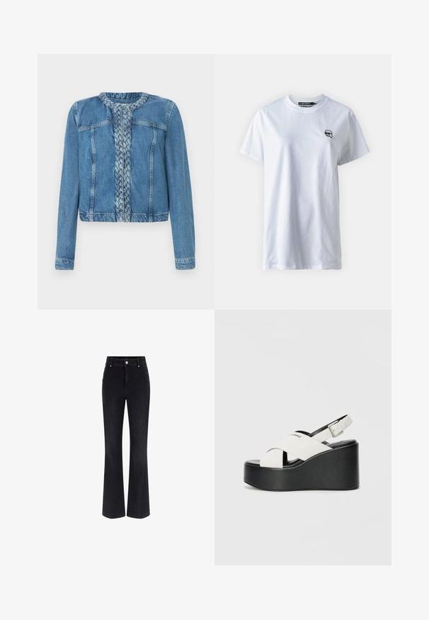 Traper jakna s pletenim prednjim detaljem, klasičnom kragnom i dugim rukavima. Završena u svijetloplavom pranju s prednjim džepovima.; Bjela pamučna majica s kratkim rukavima, okruglim izrezom i malim crnim logotipom na lijevom prsnom dijelu. Glatka tekstura, ležeran kroj.; Crne traperice s širokim nogavicama koje imaju visoki struk, dizajn s pet džepova i metalne gumbe sa strane. Glatka tekstura i klasični kroj.; Bijele platforme sandale s crnom bazom, s dizajnom preklopljenih trakica i podesivom kopčom oko gležnja. Glatka tekstura, moderan oblik.