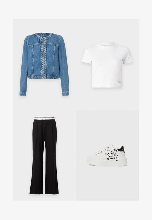 Denim jacket featuring a braided front detail, classic collar, and long sleeves. Finished in a light blue wash with front pockets.; White cropped t-shirt made of smooth cotton, featuring a high neckline and short sleeves. Small embroidered logo in the bottom corner.; Black trousers with a relaxed fit, featuring a white elastic waistband with branding. Made of smooth fabric with a slight sheen.; White platform sneakers with black accents, featuring a textured sole and handwritten text on the sides. Smooth leather material.