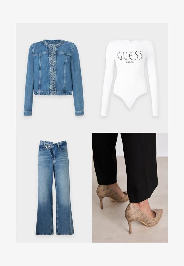 Denim jakk, millel on punutud esidetail, klassikaline krae ja pikad varrukad. Lõpetatud helesinise pesuga ja esi-taskutega.; Valge pika varrukaga bodi ümarate kraega. Ees on musta värviga prinditud "GUESS" logo ja "EST.1981". Sile tekstuur.; Heledad sinise denimi laienevad teksad kõrge vöökohaga, millel on kaks nööpi ja eesnahk. Kangas on tuhm tekstuuriga, kus on kergeid varieeruvaid toone.; Beige kõrged kontsad, mis on valmistatud tekstureeritud kangast, millel on korduv muster. Terava nina disain tagakülje aktsendi ja kuldse kontsiga.