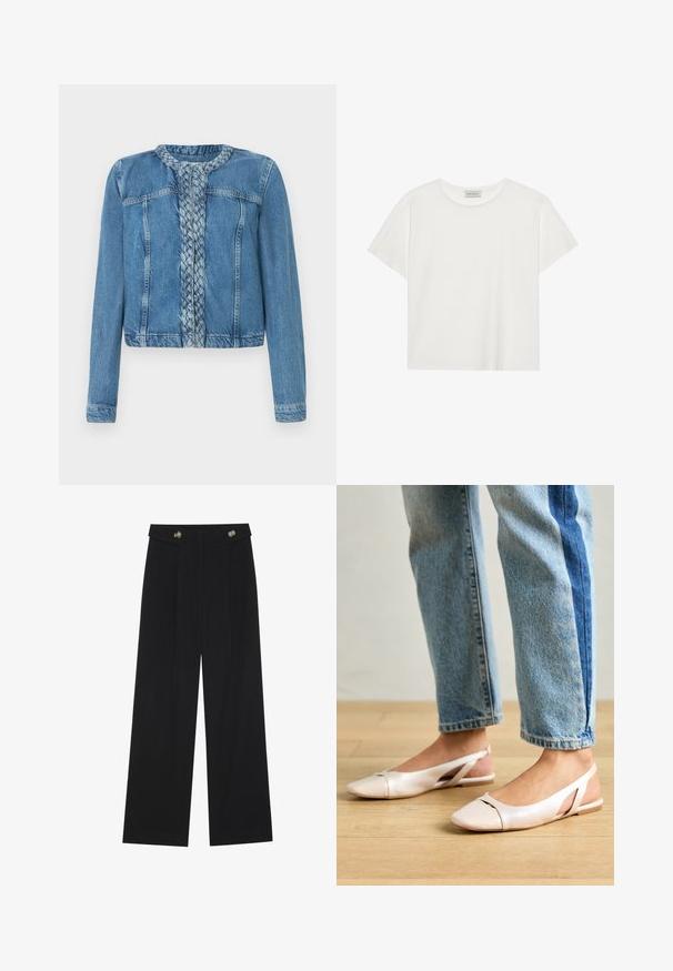 Giacca in denim con dettaglio anteriore intrecciato, colletto classico e maniche lunghe. Realizzata in un lavaggio blu chiaro con tasche frontali.; T-shirt bianco a maniche corte realizzato in morbido cotone. Presenta un collo rotondo e una vestibilità comoda. Design pulito senza modelli o dettagli visibili.; Pantaloni neri a gamba larga con vita alta, dettagli con bottoni in vita e pieghe frontali.; Ballerine slingback rosa pallido con punta affusolata, realizzate in un materiale simile alla pelle liscio. Presentano dettagli a taglio sui lati e un tacco piatto.