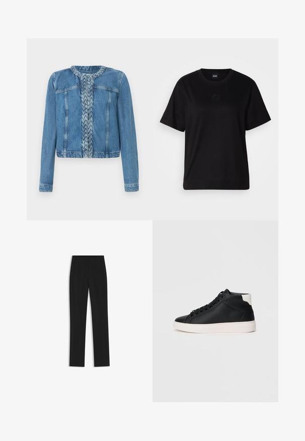 Chaqueta de mezclilla con un detalle trenzado en la parte frontal, cuello clásico y mangas largas. Terminada en un lavado azul claro con bolsillos frontales.; Camiseta de algodón negra con cuello redondo, mangas cortas y un logo bordado en el pecho. Ajuste simple y relajado sin patrones.; Pantalones de traje negros con un diseño de pierna recta, que cuentan con bolsillos delanteros y una tela suave y texturizada. Detalles limpios y minimalistas.; Zapatilla alta negra de cuero suave con suela de goma blanca, que presenta cordones redondos, un collar acolchado y un acento en el talón de color contrastante.