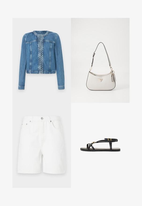 Džínová bunda s opleteným detailem vpředu, klasickým límcem a dlouhými rukávy. Dokončena ve světle modrém omyvu s předními kapsami.; Světle žlutý bavlněný top bez rukávů s žebrovanou texturou, kulatým výstřihem a širokými ramínky. Visí rovně, bez ozdob.; Bílé denimové kraťasy s rovný střihem, s předními kapsami a zapínáním na knoflík. Tkanina má hladkou strukturu a žádné viditelné vzory.; Černé kožené sandály s tenkými popruhy a přezkou kolem kotníku. Plná podrážka s texturovaným povrchem a cik-cak okrajem. Minimalistický design.; Bílá texturovaná kabelka s zakřiveným tvarem, zlatými doplňky, odnímatelným popruhem a akcentem s logem. Obsahuje přívěsek na klíče s brandingem.