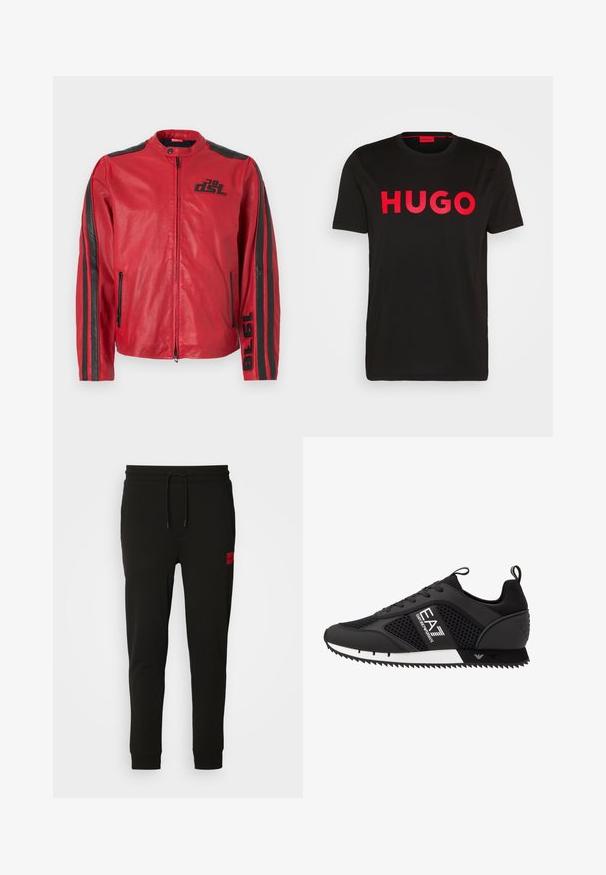 Red leather jacket with a perforated design, featuring black accents and stripes. Zippered front and side pockets add functionality.; Black cotton t-shirt featuring bold red "HUGO" text on the front, short sleeves, round neckline, and a relaxed fit.; Black sweatpants made of soft fabric, featuring a drawstring waist, slim fit, and a red logo patch on the left thigh.; EA7 Emporio Armani Trainers - black/white