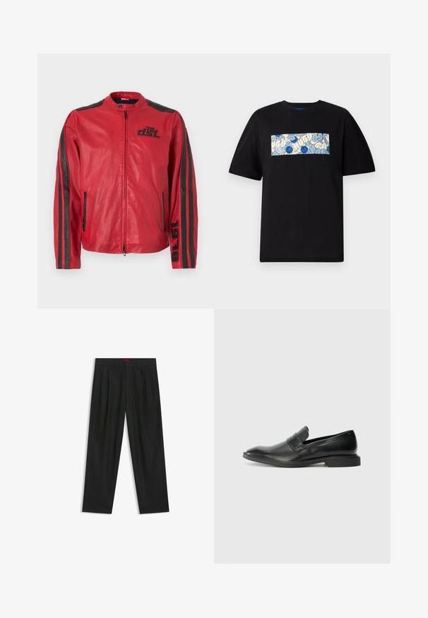 Röd läderjacka med perforerad design, med svarta detaljer och ränder. Dragkedja fram och sidofickor för ökad funktionalitet.; Svart bomullströja med en rektangulär grafik i blått och cream med cirkulära mönster och klotter, designad för en avslappnad passform.; Svarta byxor med vikta detaljer, bred benform och en slät textur. Har en röd midjebandsetikett.; Svarta läderloafers med en slät yta, spetsig tå och en låg rektangulär klack. Har ett horisontellt remdetalj över ovandelen.