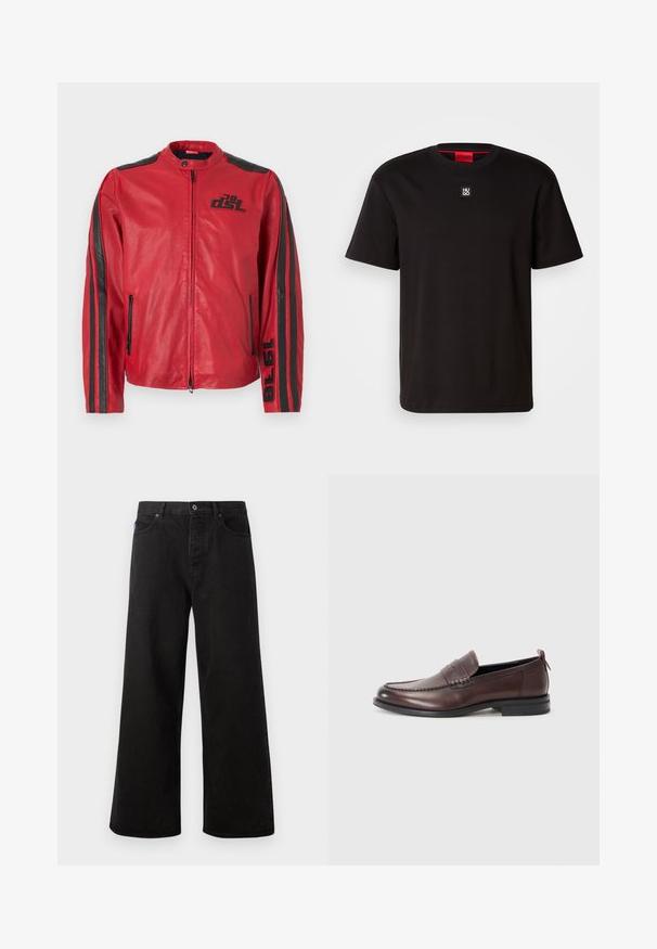 Sarkans ādas džemperis ar perforētu dizainu, ar melniem akcentiem un svītrām. Ar rāvējslēdzēju priekšpusē un sānu kabatām, kas piešķir funkcionalitāti.; HUGO DALILE - Pamata T-krekls - black; Melni platā kāja džinsu bikses ar pogu aizdari, piecām kabatām un kontrastējošām šuvēm. Priekšpusē uz jostas ir zīmola marķējums.; Brūni ādas mokasīni ar noapaļotu purngala daļu, ar šuvju detaļām un nelielu sarkanu akcents papēdī. Plakanā gumijas zole.