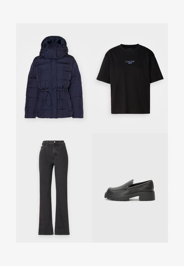 Navy puffer jacket with a hood, cinched waist. Features horizontal stitching, two front pockets, and a zip closure. Smooth, insulated fabric.; Black cotton t-shirt with a round neck, short sleeves, and blue embroidered "Calvin Klein JEANS" logo on the front.; Black high-waisted flared jeans made of denim, featuring a button closure, belt loops, and side pockets. Smooth texture with minimal fading.; Black leather loafers with a rounded toe, thick textured sole, and minimal stitching details. Sleek design with no visible laces or hardware.