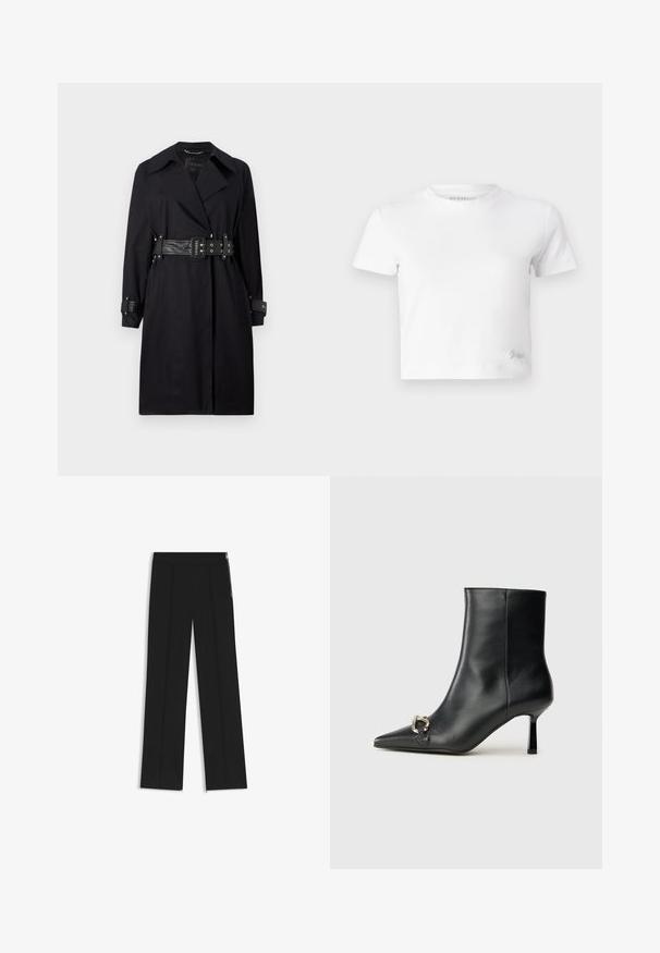 Czarny płaszcz trench z paskiem w talji, szerokim kołnierzem i zapięciem na guziki przy mankietach. Wykonany z gładkiego materiału w minimalistycznym stylu, bez wzorów.; Biała krótka koszulka wykonana z gładkiej bawełny, z wysokim dekoltem i krótkimi rękawami. Mała haftowana naszywka w dolnym rogu.; Czarne spodnie o szerokich nogawkach z dwoma plisami z przodu, elastycznym paskiem w talii i zamkami błyskawicznymi z boku jako elementem dekoracyjnym. Gładka faktura i minimalistyczny design.; Czarny skórzany botek za kostkę z szpiczastym noskiem, smukłym średnim obcasem i srebrnym zapięciem po boku na jednolitym tle.