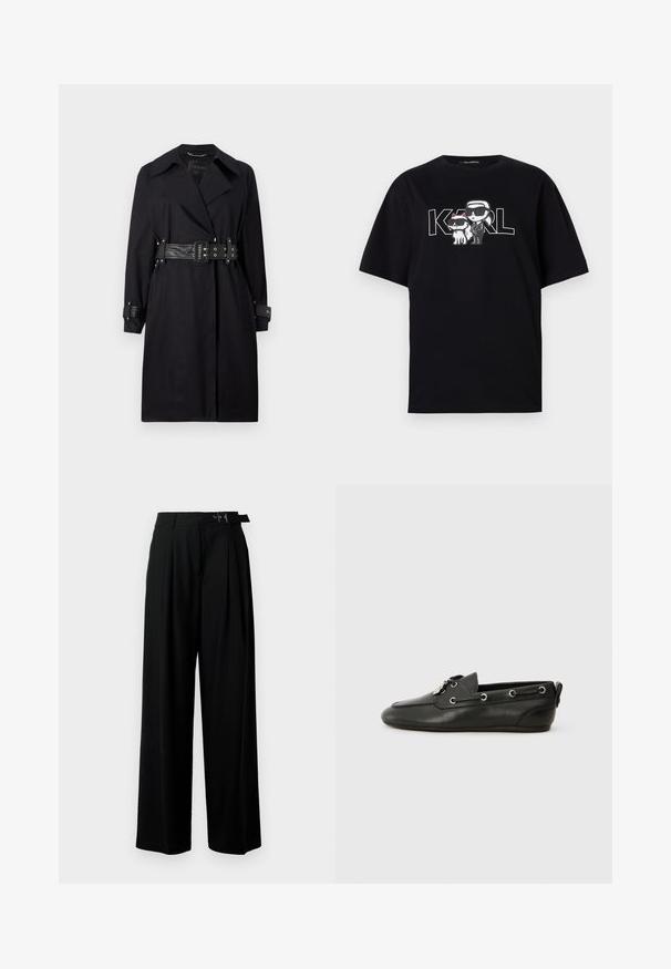 Casaco trench preto com cintura cinto, colarinho largo e punhos com botões. Feito de um tecido suave com um design minimalista e sem padrões.; T-shirt de algodão preta com uma impressão gráfica de duas figuras de cartoon com óculos de sol, acompanhadas pelo texto "KARL" em letras grandes.; Calças largas pretas de cintura alta, com pregas à frente e um cinto com fivela. Feitas de um tecido liso e leve.; Sapatos de barco em pele preta com bico arredondado, atacadores na frente, ilhós de metal e sola plana. Possui uma pequena aba na parte de trás.