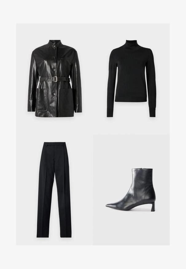 Giacca in pelle nera con colletto alto, chiusura a bottoni, cintura con fibbia argentata e due tasche frontali. Texture liscia e lucida con un design su misura.; Pullover nero a maniche lunghe con collo alto, rifinito con polsini e orlo a coste, mostrato su uno sfondo bianco semplice.; Pantaloni neri realizzati in tessuto morbido, caratterizzati da vita alta, gambe larghe, pince frontali e classiche passanti per cintura. Non ci sono tasche laterali visibili.; Stivaletto in pelle nera con punta affusolata e design elegante. Presenta un tacco basso e una chiusura con zip sul retro. Texture liscia.