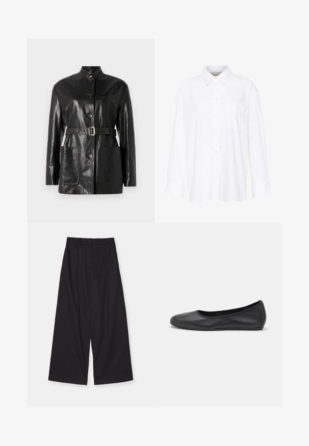 Crna kožna jakna s visokim ovratnikom, dugmetima sprijeda, remenom s srebrnom kopčom i dva prednja džepa. Glatka, sjajna tekstura i krojeni dizajn.; Bijela košulja dugih rukava s kragnom, izrađena od pamuka. Ima kopčanje s gumbima sprijeda i jednu džep na prsima. Glatka tekstura, ležeran kroj.; Crne široke hlače izrađene od glatkog materijala, s visokim strukom, prednjim nabranjima, zatvaranjem na dugme i ravnim siluetom.; Crne kožne baletanke s zaobljenim vrhom, glatke teksture, minimalnim detaljima šavova i fleksibilnim dizajnom potplata.