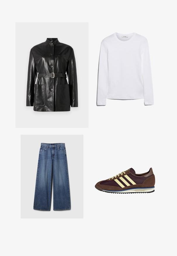 Crna kožna jakna s visokim ovratnikom, dugmetima sprijeda, remenom s srebrnom kopčom i dva prednja džepa. Glatka, sjajna tekstura i krojeni dizajn.; Dugi rukav bijela majica od rebrastog pamuka, s okruglim izrezom i ravnim rubom. Jednostavan dizajn bez uzoraka ili naglasaka.; Široke plave traperice s izblijedjelim finišom, s kopčanjem na gumb i patentni zatvarač, pet džepova i petljama za remen.; Smeđi i burgundski teniski s uzorcima od antilopa i mrežastih materijala, s tri kremaste pruge, teksturiranim materijalom na jeziku i gumeni potplat.