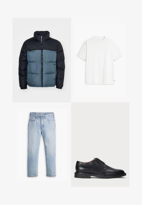 Padded jacket, kurio juodas viršutinės dalies ir mėlynai pilkos apatinės dalies, su aukštu apykakliu ir pilnu priekinio užtrauktuku. Audinys su tekstūra visame paviršiuje.; Balta medvilninė marškinė su trumpomis rankovėmis, apvaliu kaklu ir subtiliu Levi's logotipu viduryje. Minkšta tekstūra ir standartinė išvaizda.; Šviesiai mėlynos džinsinės kelnės su tiesiu kirpimu, penkių kišenių stiliumi ir kontrastingomis siūlėmis. Mygtuko ir užtrauktuko uždarymas juosmens srityje.; Juodas odinis suknių batelis su apvalia nosimi, raišteliais ir žemu, sukrautu kulnu. Lygus paviršius su minimaliais siuvinėjimo detalėmis.