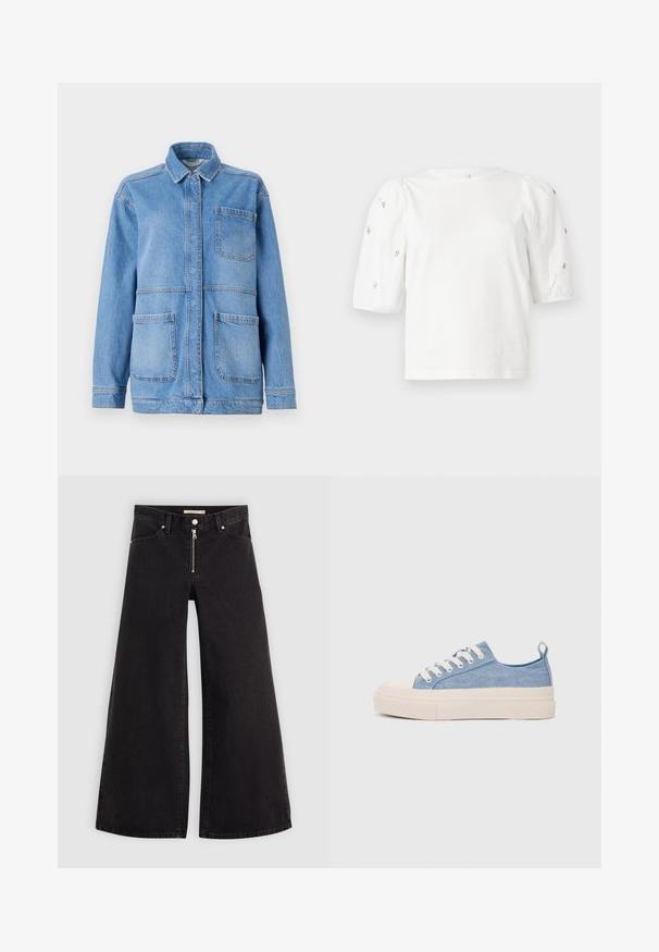 Lys blå denimjakke med krage, knappestolpe foran og to store lappe-lommer. Har synlige sømmer og en avslappet passform.; Hvit bomull T-skjorte med korte pufferm, med små sølvdekorasjoner langs ermene. Klassisk rund hals, avslappet passform.; Vide benbukser i sort denim med glidelås i front, fem-lomme design og subtile sømdetaljer. Glatt tekstur og avslappet stil.; Lys blå canvastøfler med en kremfarget gummitupp og yttersåle, med hvite snørebånd og en løfteløkke på hælen.