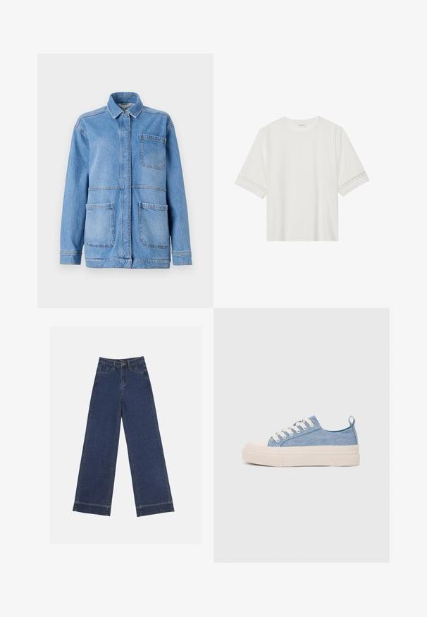 Lichtblauwe denimjacket met een kraag, sluiting met knopen aan de voorkant en twee grote zakken met opgestikte zakken. Heeft zichtbare stiksels en een comfortabele pasvorm.; Witte korte mouwen t-shirt van katoen, met een decoratieve kantafwerking langs de mouwen en een ronde halslijn.; Wide-leg jeans in donkerblauwe denim. Voorzien van vijf zakken, riemlussen en een rauwe zoom onderaan met zichtbare stikseldetails.; Lichtblauwe canvas sneakers met een crème rubberen neuskap en zool, voorzien van witte veters en een trekstrip op de hiel.